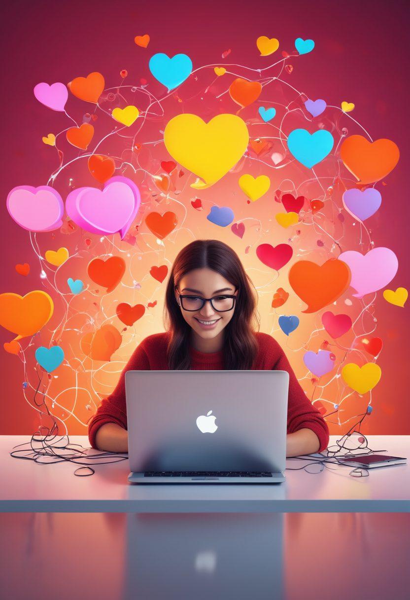 A whimsical digital landscape showcasing diverse individuals interacting in various online spaces, surrounded by floating speech bubbles filled with hearts and smiles. The scene exudes warmth and connection, with soft light filtering through a vibrant, abstract representation of digital networks. Include elements like social media icons, laptops, and virtual interaction symbols to emphasize online relationships. super-realistic. vibrant colors. 3D.