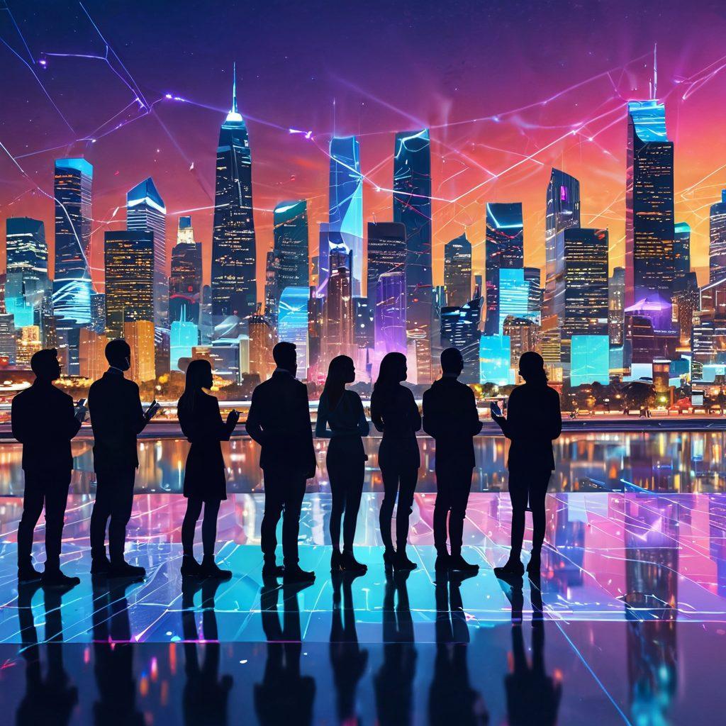 A futuristic digital landscape showcasing diverse people engaging with holographic interfaces, interconnected by shimmering lines of data. A vibrant city skyline in the background, reflecting innovation and collaboration. Emphasize bright colors and dynamic imagery to convey a sense of excitement and connectivity. super-realistic. vibrant colors. 3D.