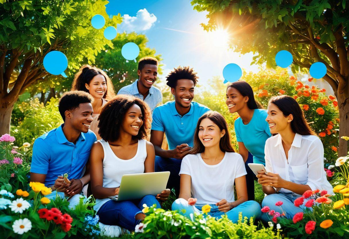 A vibrant online community represented as a colorful garden, with diverse people joyfully interacting and sharing ideas, surrounded by blooming flowers symbolizing growth and connection. Soft sunlight filters through the leaves, creating a warm and inviting atmosphere, with digital elements like chat bubbles and social media icons subtly integrated. The background features a blue sky for a sense of openness. vibrant colors. super-realistic.